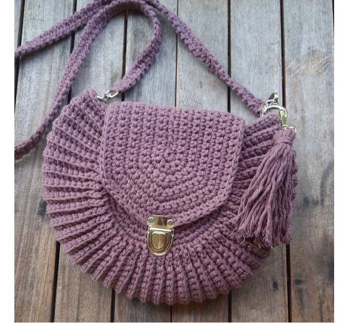 Crochet purse, plum crossbody round bag, handmade shoulder bag