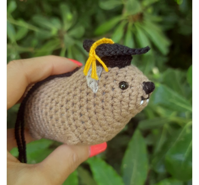 Adorable handmade crochet Awawa wearing a graduation cap, navy cap, or Luffy straw hat, cute hyrax keychain, bag charm, or rear view mirror charm gift
