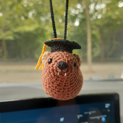 Adorable handmade crochet Awawa wearing a graduation cap, navy cap, or Luffy straw hat, cute keychain, bag charm, or rear view mirror charm gift