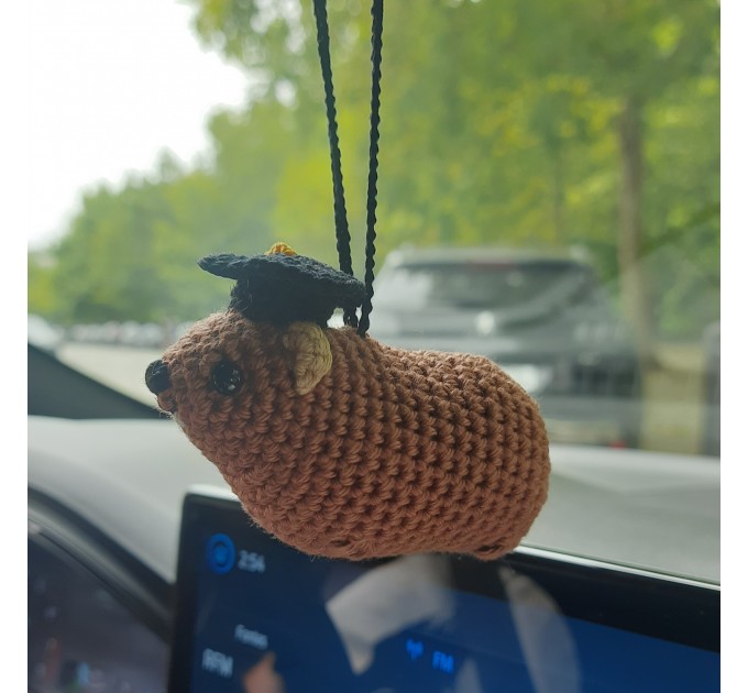 Adorable handmade crochet Awawa wearing a graduation cap, navy cap, or Luffy straw hat, cute hyrax keychain, bag charm, or rear view mirror charm gift