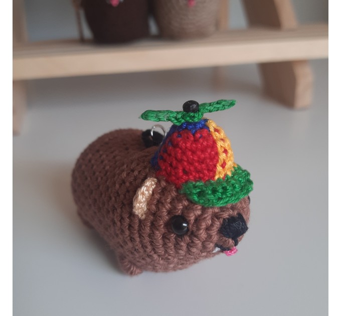 Handmade crochet Awawa Rock Hyrax with propeller hat, rear view mirror, bag charm, keychain, summer lovers gift, Cape hyrax hanging