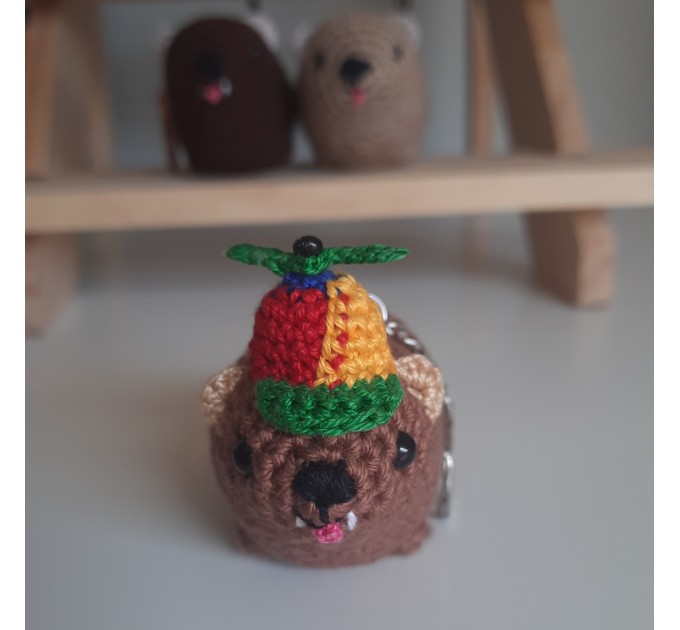 Handmade crochet Awawa Rock Hyrax with propeller hat, rear view mirror, bag charm, keychain, summer lovers gift, Cape hyrax hanging