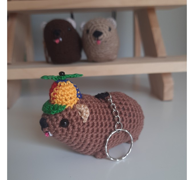 Handmade crochet Awawa Rock Hyrax with propeller hat, rear view mirror, bag charm, keychain, summer lovers gift, Cape hyrax hanging