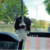 Black and white crochet spaniel rear view mirror car hanging charm, cute keychain, bag or backpack pendant