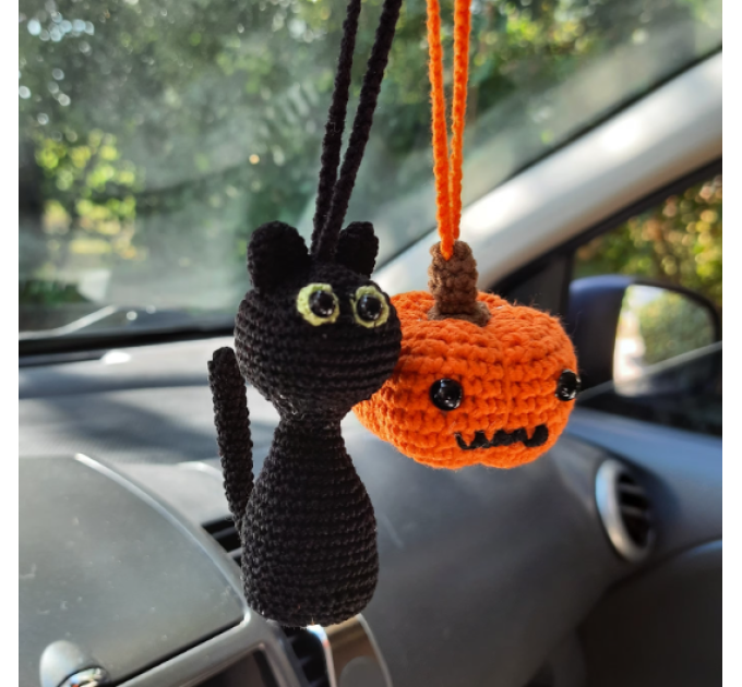 Black cat car charm and Halloween pumpkin