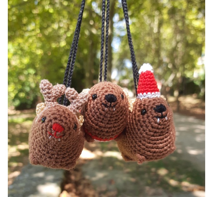 Christmas style Awawa wearing Xmas sweater, hat or reindeer, cute crochet Hyrax keychain, bag charm or rear view mirror car accessory