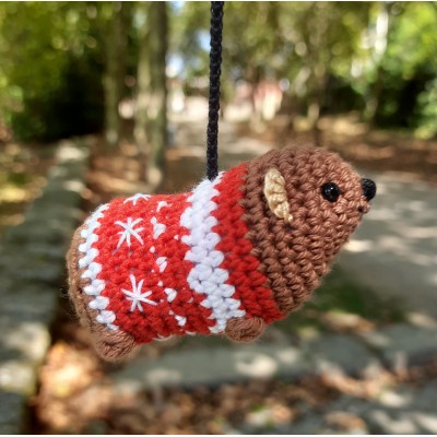 Christmas style Awawa wearing Xmas sweater, hat or reindeer, cute crochet Hyrax keychain, bag charm or rear view mirror car accessory