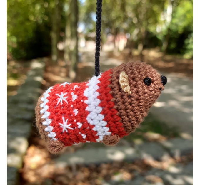 Christmas style Awawa wearing Xmas sweater, hat or reindeer, cute crochet Hyrax keychain, bag charm or rear view mirror car accessory