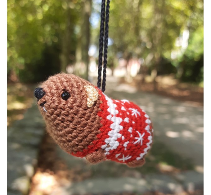 Christmas style Awawa wearing Xmas sweater, hat or reindeer, cute crochet Hyrax keychain, bag charm or rear view mirror car accessory