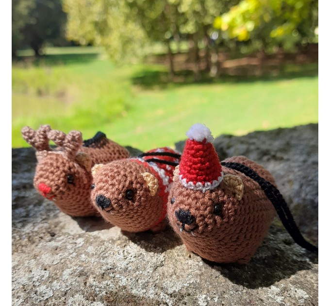 Christmas style Awawa wearing Xmas sweater, hat or reindeer, cute crochet Hyrax keychain, bag charm or rear view mirror car accessory