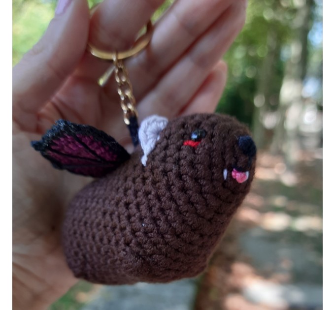 Crochet Awawa-Bat Halloween Hyrax Keychain, Handmade Car Rear-View Mirror Charm, hanging rock hyrax with bat wings