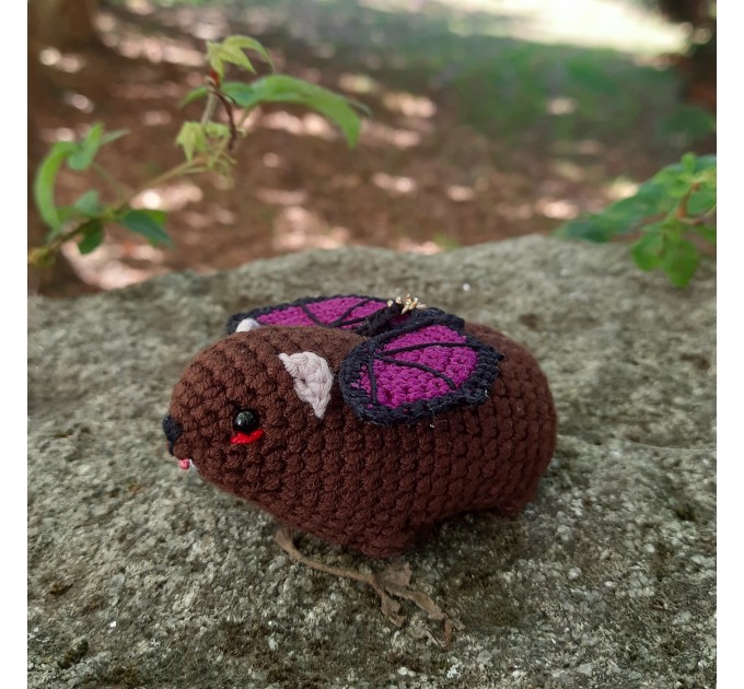 Crochet Awawa-Bat Halloween Hyrax Keychain, Handmade Car Rear-View Mirror Charm, hanging rock hyrax with bat wings