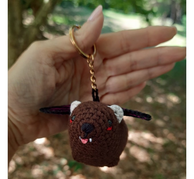 Crochet Awawa-Bat Halloween Hyrax Keychain, Handmade Car Rear-View Mirror Charm, hanging rock hyrax with bat wings