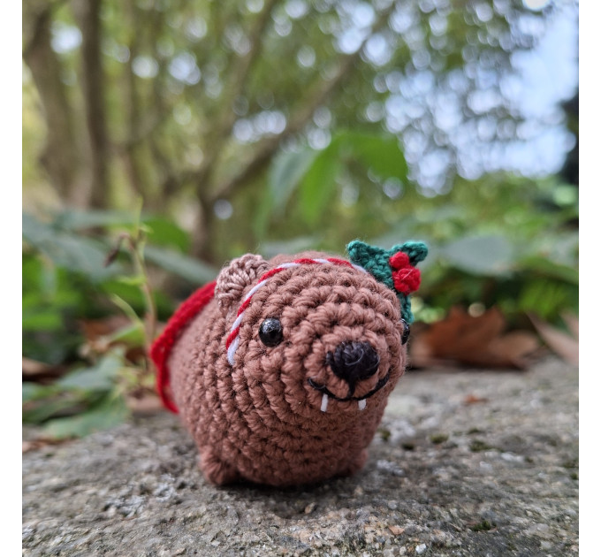 Crochet Awawa Christmas Car Charm – Handmade Rock Hyrax with Holly