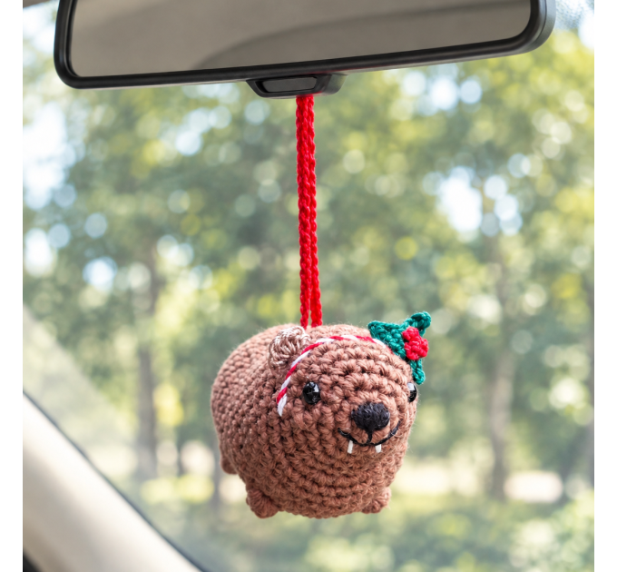 Crochet Awawa Christmas Car Charm – Handmade Rock Hyrax with Holly