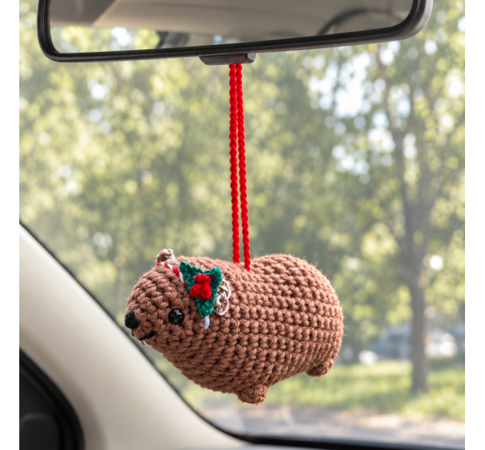 Crochet Awawa Christmas Car Charm – Handmade Rock Hyrax with Holly
