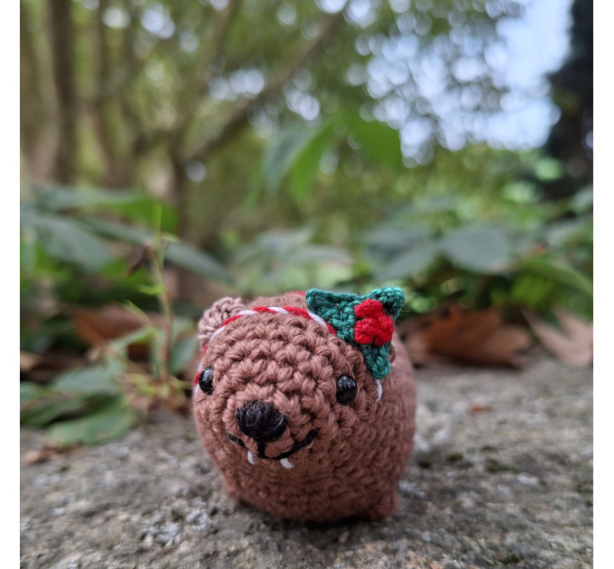 Crochet Awawa Christmas Car Charm – Handmade Rock Hyrax with Holly