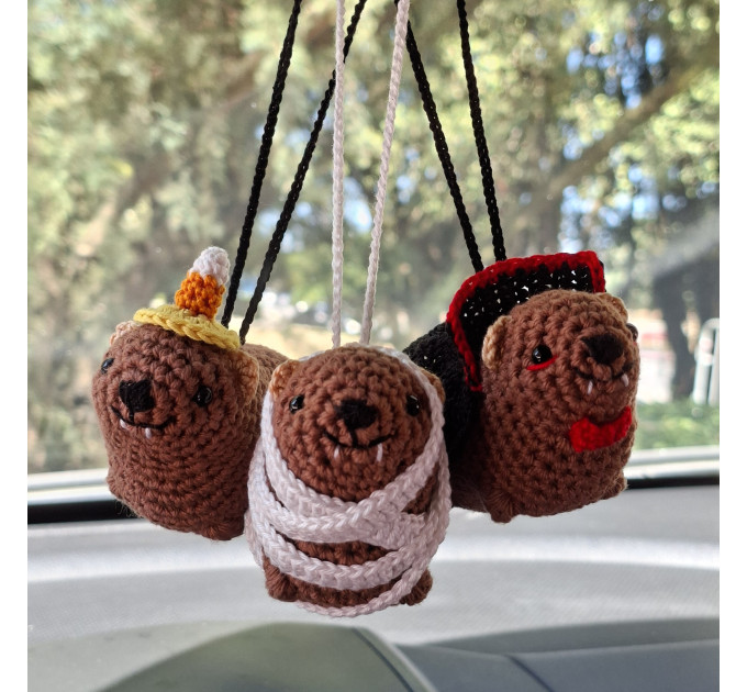 Crochet Halloween Hyrax (Awawa) collection - Count Dracula, Mummy awawa and awawa wearing a Candy Corn hat