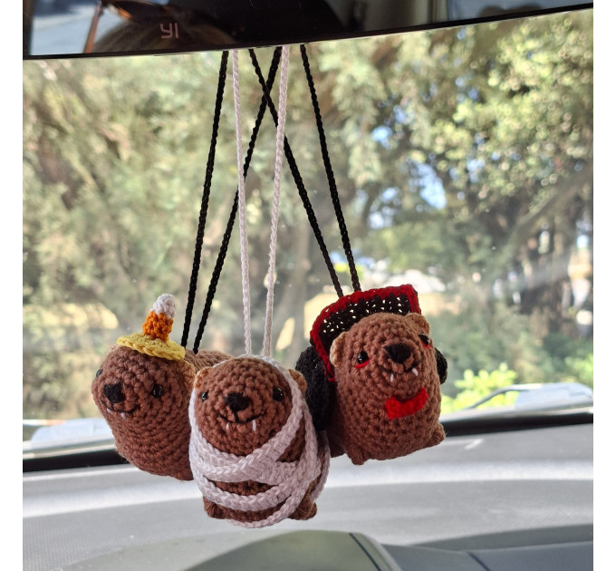 Crochet Halloween Hyrax (Awawa) collection - Count Dracula, Mummy awawa and awawa wearing a Candy Corn hat