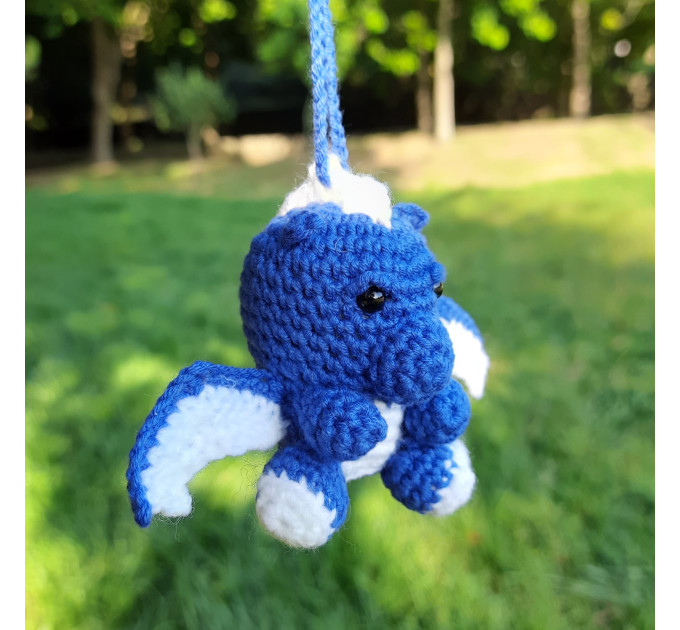 Crochet blue dragon car charm for rear view mirror, cute keychain