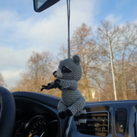 Crochet raccoon car charm rear view mirror, Xmas tree toy, backpack pendant, cute keychain