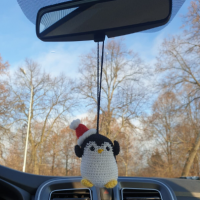 Crochet small Xmas penguin, rear view mirror car charm, backpack pendant, Christmas tree toy