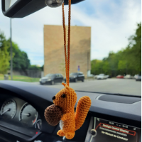 Crochet squirrel with nuts cute car charm, Rear view mirror women's accessories, backpack pendant