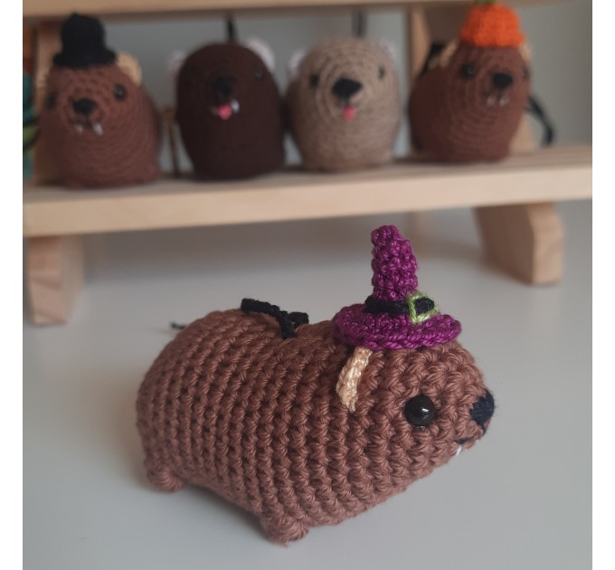 Halloween style Hyrax, handmade crochet awawa animal with Witch hat, Top hat, Pumpkin hat, unique rear view mirror charm, bag accessory, or keychain