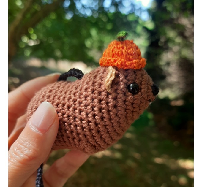 Halloween style Hyrax, handmade crochet awawa animal with Witch hat, Top hat, Pumpkin hat, unique rear view mirror charm, bag accessory, or keychain