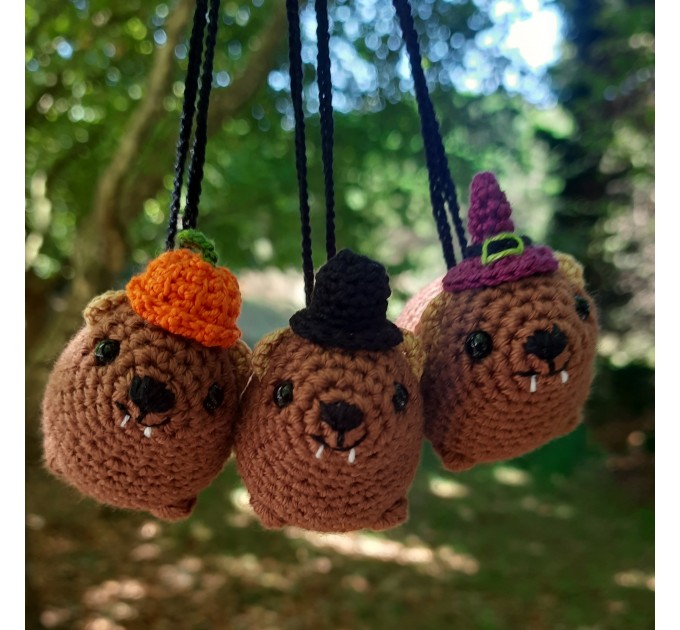 Halloween style Hyrax, handmade crochet awawa animal with Witch hat, Top hat, Pumpkin hat, unique rear view mirror charm, bag accessory, or keychain
