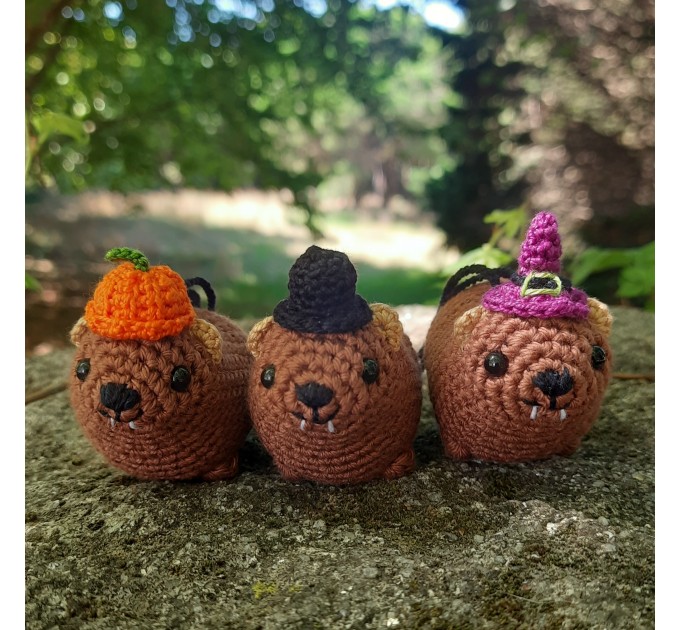 Halloween style Hyrax, handmade crochet awawa animal with Witch hat, Top hat, Pumpkin hat, unique rear view mirror charm, bag accessory, or keychain