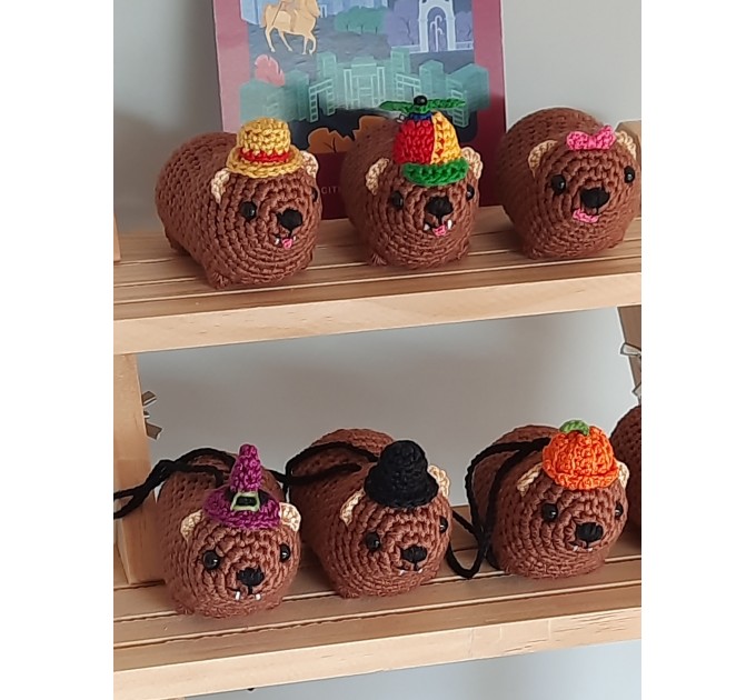 Halloween style Hyrax, handmade crochet awawa animal with Witch hat, Top hat, Pumpkin hat, unique rear view mirror charm, bag accessory, or keychain