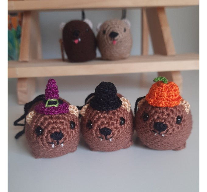 Halloween style Hyrax, handmade crochet awawa animal with Witch hat, Top hat, Pumpkin hat, unique rear view mirror charm, bag accessory, or keychain