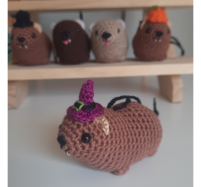 Halloween style Hyrax, handmade crochet awawa animal with Witch hat, Top hat, Pumpkin hat, unique rear view mirror charm, bag accessory, or keychain
