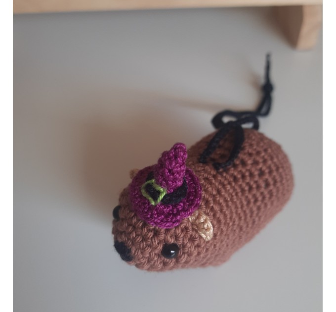 Halloween style Hyrax, handmade crochet awawa animal with Witch hat, Top hat, Pumpkin hat, unique rear view mirror charm, bag accessory, or keychain