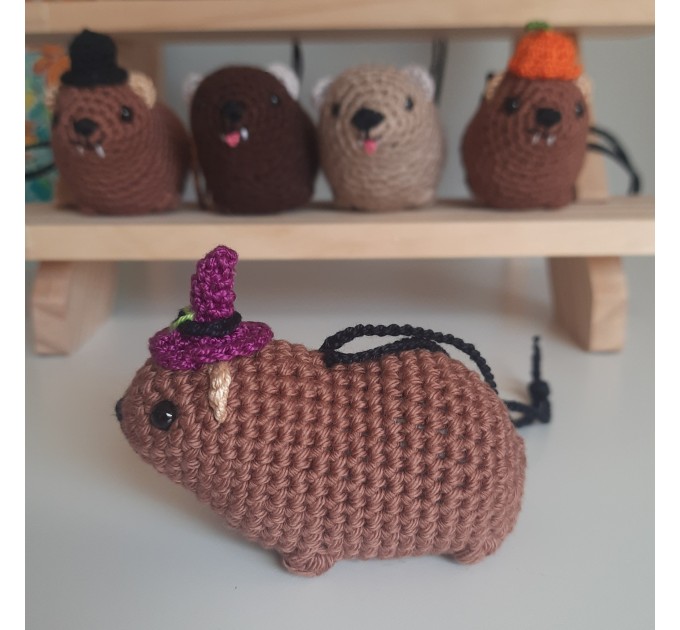 Halloween style Hyrax, handmade crochet awawa animal with Witch hat, Top hat, Pumpkin hat, unique rear view mirror charm, bag accessory, or keychain