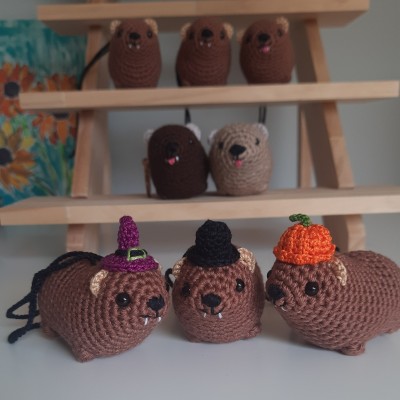 Halloween style Hyrax, handmade crochet awawa animal with Witch hat, Top hat, Pumpkin hat, unique rear view mirror charm, bag accessory, or keychain