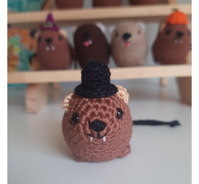 Halloween style Hyrax, handmade crochet awawa animal with Witch hat, Top hat, Pumpkin hat, unique rear view mirror charm, bag accessory, or keychain