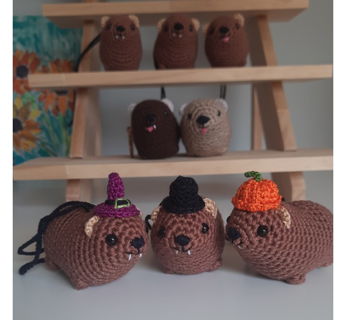 Halloween style Hyrax, handmade crochet awawa animal with Witch hat, Top hat, Pumpkin hat, unique rear view mirror charm, bag accessory, or keychain