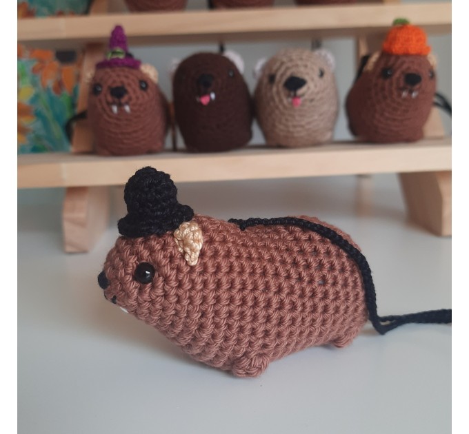 Halloween style Hyrax, handmade crochet awawa animal with Witch hat, Top hat, Pumpkin hat, unique rear view mirror charm, bag accessory, or keychain