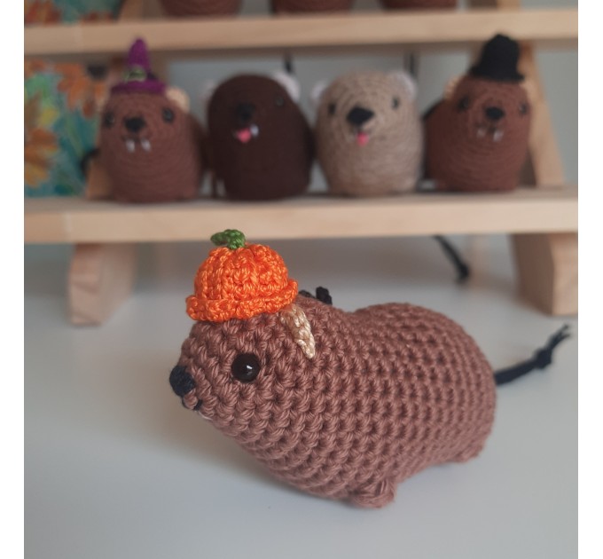 Halloween style Hyrax, handmade crochet awawa animal with Witch hat, Top hat, Pumpkin hat, unique rear view mirror charm, bag accessory, or keychain
