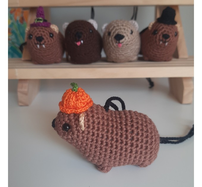 Halloween style Hyrax, handmade crochet awawa animal with Witch hat, Top hat, Pumpkin hat, unique rear view mirror charm, bag accessory, or keychain