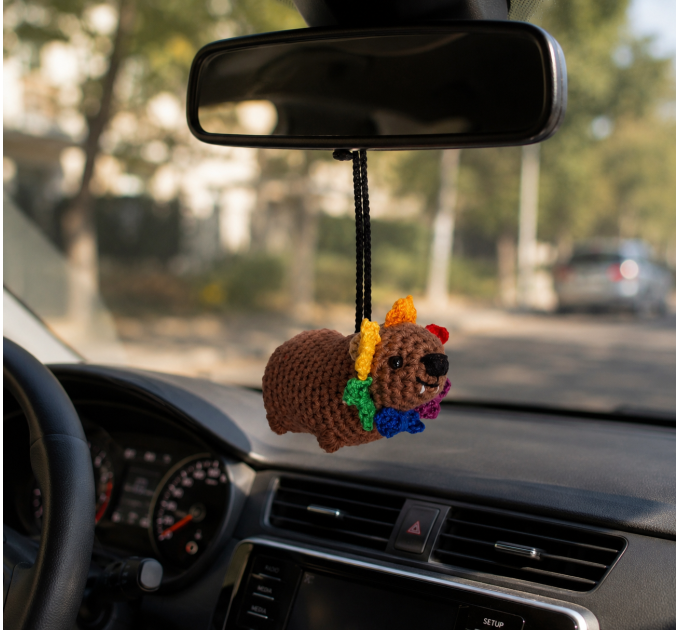 Handmade Crochet Hyrax with Pride Bows – Rearview Mirror Decor or Keychain