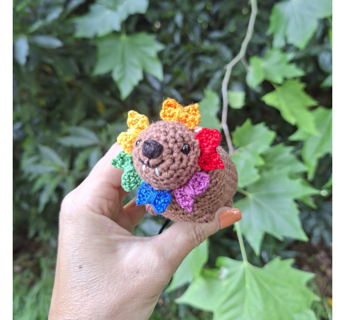 Handmade Crochet Hyrax with Pride Bows – Rearview Mirror Decor or Keychain