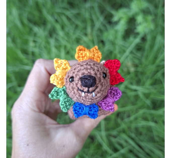 Handmade Crochet Hyrax with Pride Bows – Rearview Mirror Decor or Keychain