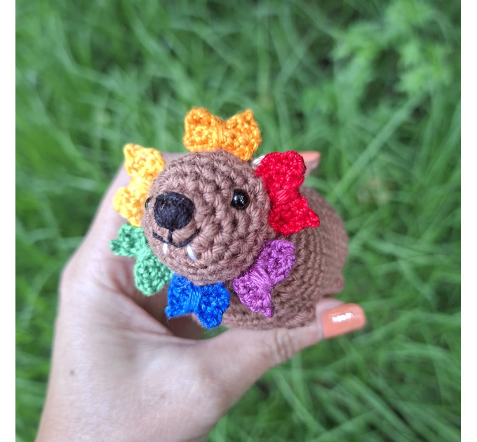 Handmade Crochet Hyrax with Pride Bows – Rearview Mirror Decor or Keychain