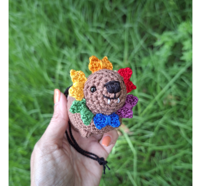 Handmade Crochet Hyrax with Pride Bows – Rearview Mirror Decor or Keychain