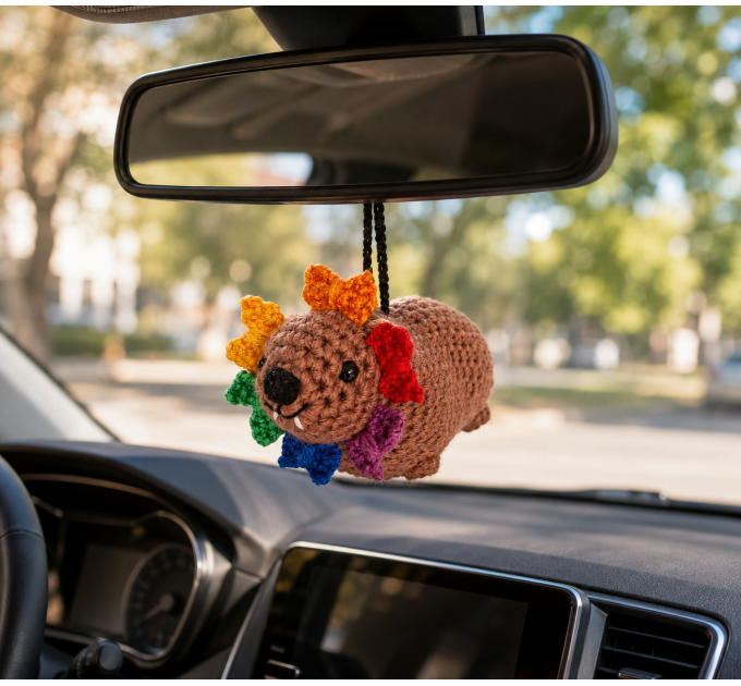 Handmade Crochet Hyrax with Pride Bows – Rearview Mirror Decor or Keychain