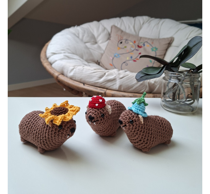 Handmade Crochet Rock Hyrax (Awawa) Charm – Collectible Aesthetic, Awawa wearing Sunflower, Bluebell or Mushroom hat