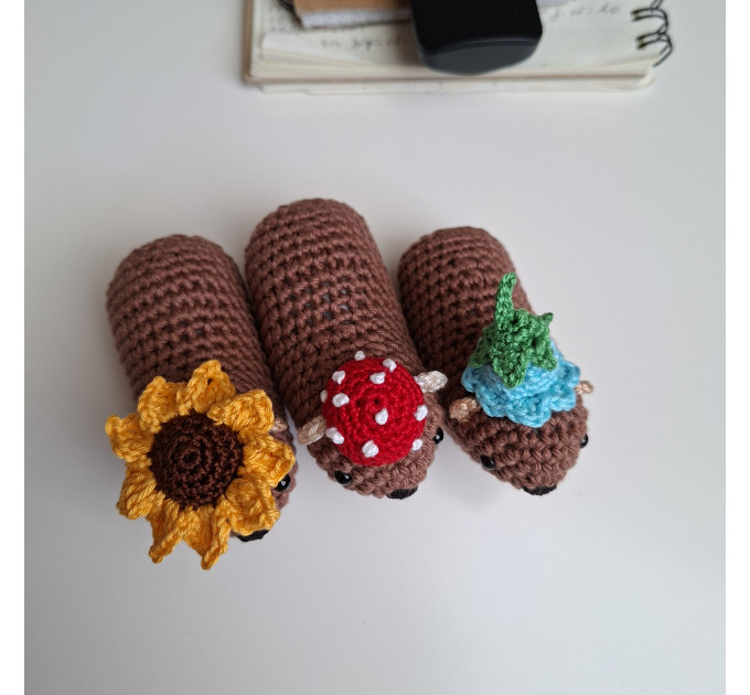 Handmade Crochet Rock Hyrax (Awawa) Charm – Collectible Aesthetic, Awawa wearing Sunflower, Bluebell or Mushroom hat